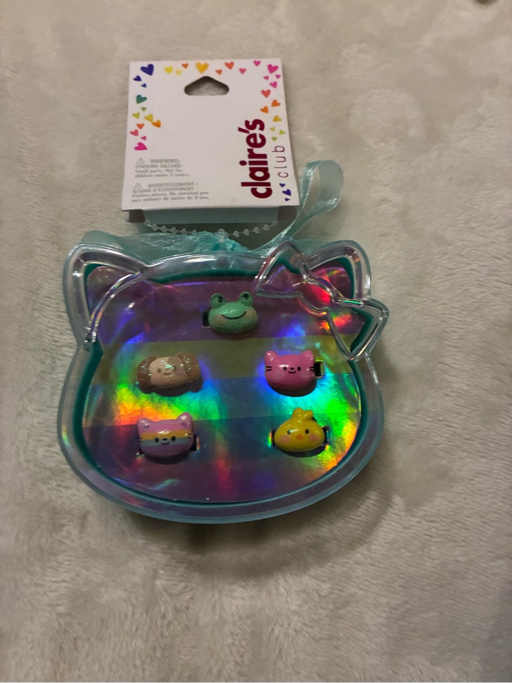 Claire's Iridescent Aqua Cat Pouch with Cute Character Clips